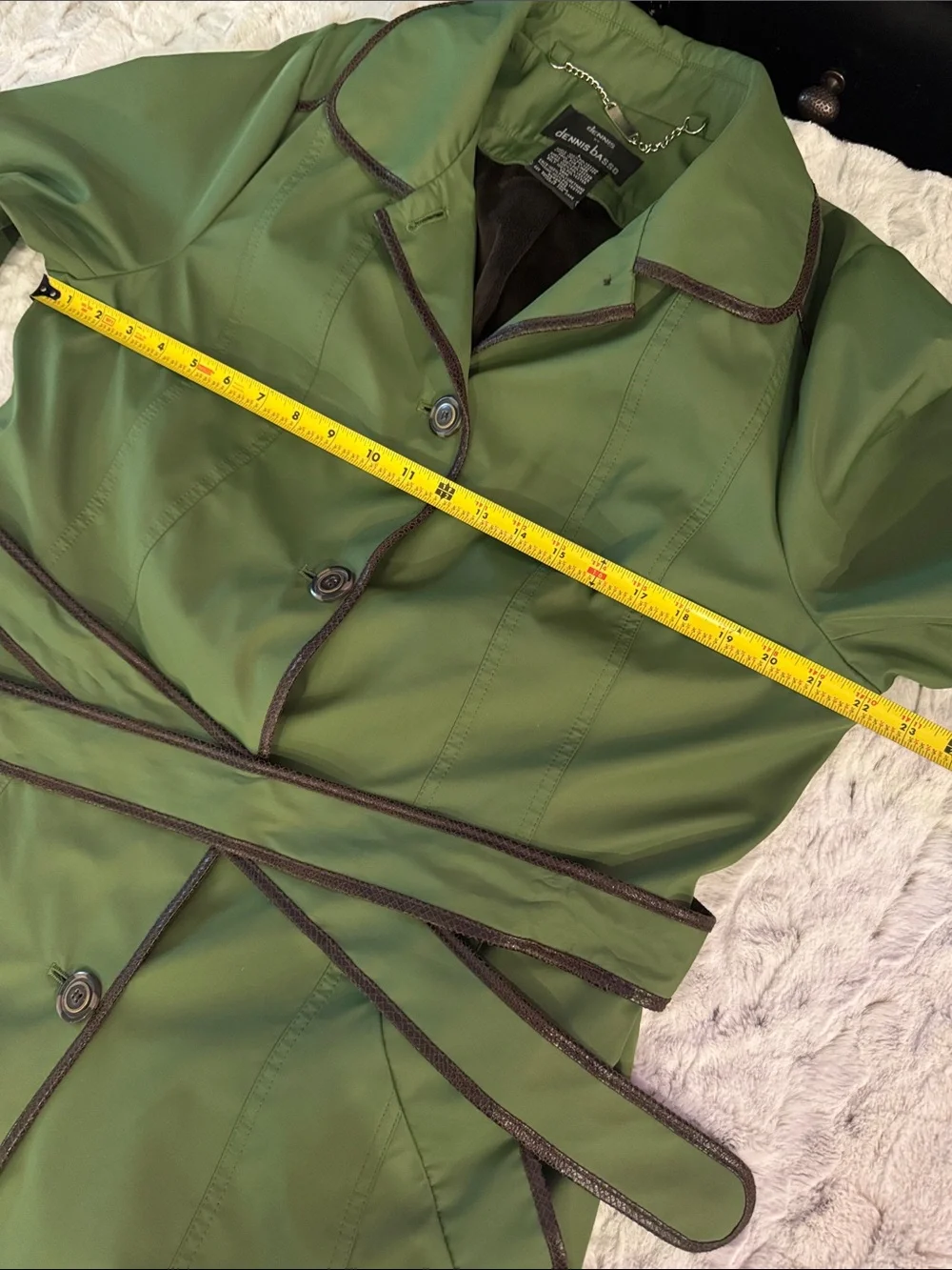Dennis by Dennis Basso Green & Brown Belted Water Resistant Trench Coat- size L